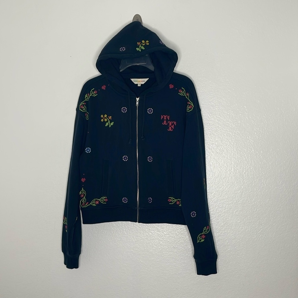 Teddy Fresh Black Cross Stitch Zip Hooded Sweatshirt Jacket Women's Medium
